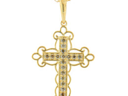10K Yellow Flashed .925 Sterling Silver 1/4 Cttw Champagne Diamond Filigree Cross Pendant Necklace (K-L Color, I1-I2 Clarity) - 18"