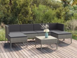 vidaXL 7 Piece Patio Lounge Set with Cushions Poly Rattan Gray