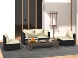 vidaXL 4 Piece Patio Lounge Set with Cushions Poly Rattan Black