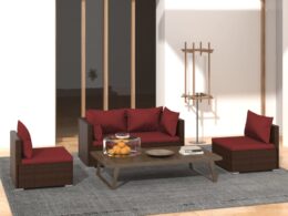 vidaXL 4 Piece Patio Lounge Set with Cushions Poly Rattan Brown