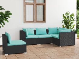 vidaXL 5 Piece Patio Lounge Set with Cushions Poly Rattan Black