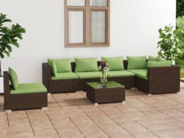 vidaXL 7 Piece Patio Lounge Set with Cushions Poly Rattan Brown