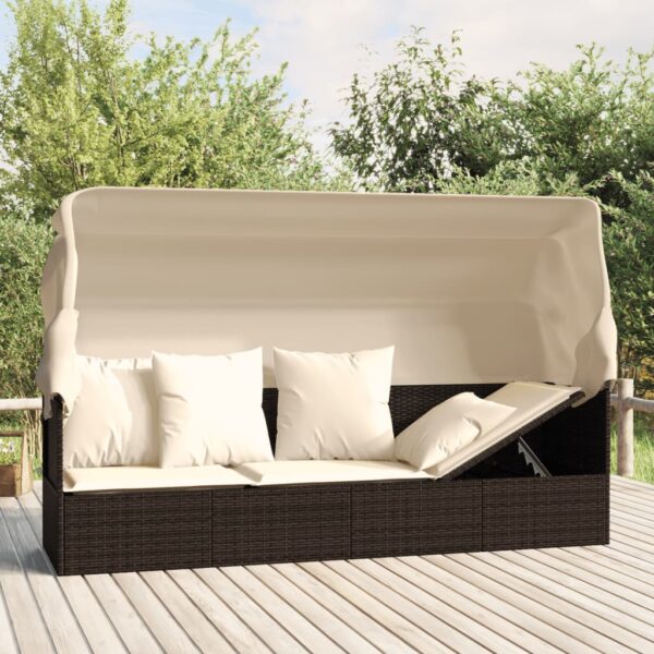 vidaXL Patio Lounge Bed with Roof and Cushions Brown Poly Rattan