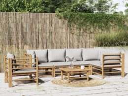 vidaXL 7 Piece Patio Lounge Set with Light Gray Cushions Bamboo