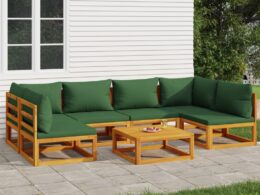 vidaXL 7 Piece Patio Lounge Set with Green Cushions Solid Wood