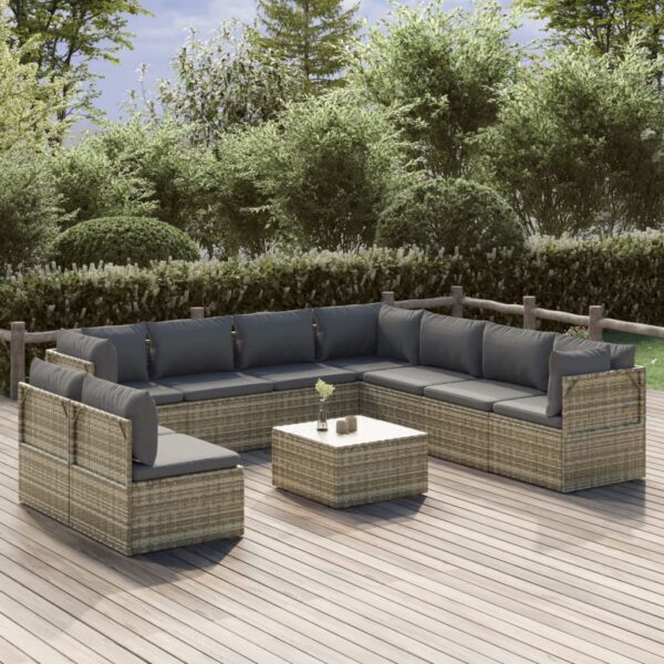 vidaXL 10 Piece Patio Lounge Set with Cushions Gray Poly Rattan