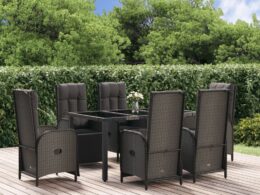 vidaXL 7 Piece Patio Dining Set with Cushions Black and Gray Poly Rattan