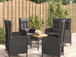 vidaXL 5 Piece Patio Dining Set with Cushions Black Poly Rattan