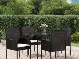 vidaXL 5 Piece Patio Dining Set with Cushions Black Poly Rattan