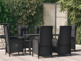 vidaXL 7 Piece Patio Dining Set with Cushions Black Poly Rattan