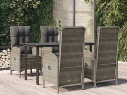 vidaXL 5 Piece Patio Dining Set with Cushions Black and Gray Poly Rattan