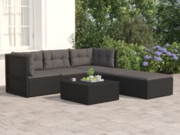 vidaXL 5 Piece Patio Lounge Set with Cushions Black Poly Rattan