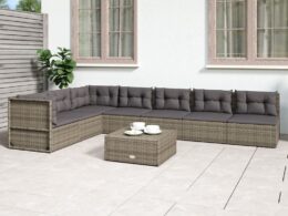 vidaXL 7 Piece Patio Lounge Set with Cushions Gray Poly Rattan