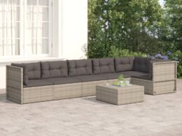 vidaXL 6 Piece Patio Lounge Set with Cushions Gray Poly Rattan