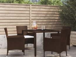 vidaXL 5 Piece Patio Dining Set with Cushions Brown Poly Rattan