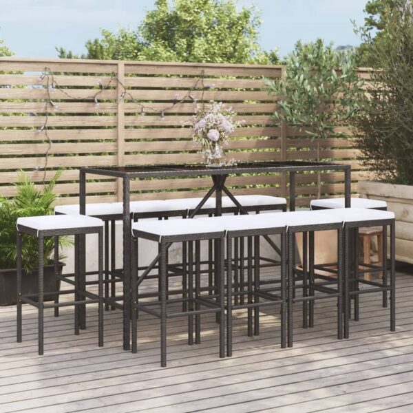 vidaXL 11 Piece Patio Bar Set with Cushions Black Poly Rattan