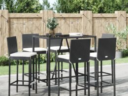 vidaXL 7 Piece Patio Bar Set with Cushions Black Poly Rattan