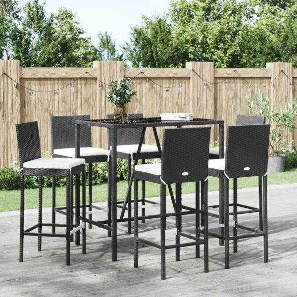 vidaXL 7 Piece Patio Bar Set with Cushions Black Poly Rattan