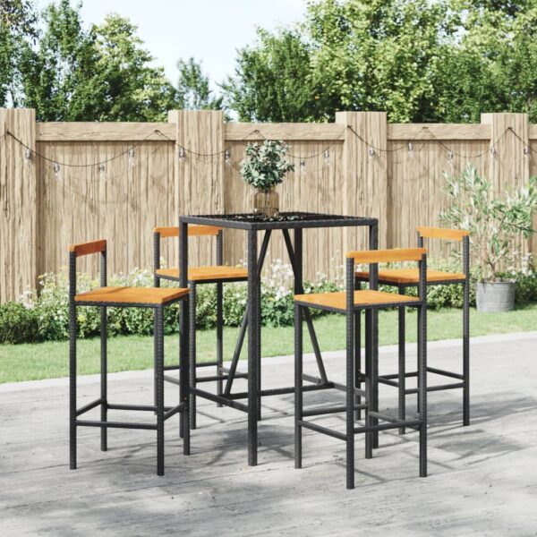 vidaXL 5 Piece Patio Bar Set Black Poly Rattan& Solid Wood Acacia