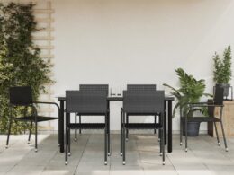 vidaXL 7 Piece Patio Dining Set Black Poly Rattan and Steel