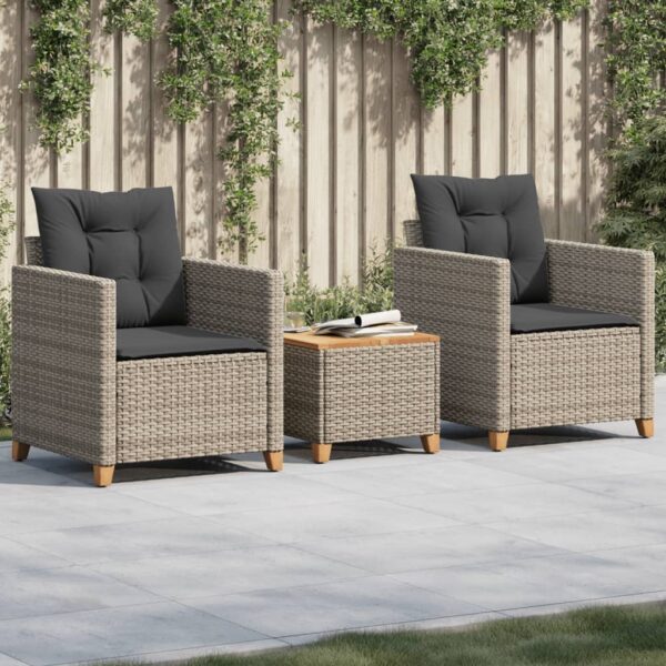 vidaXL 3 Piece Bistro Set with Cushions Gray Poly Rattan Acacia Wood