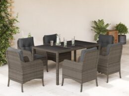 vidaXL 7 Piece Patio Dining Set with Cushions Gray Poly Rattan