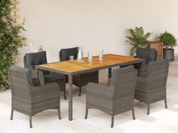 vidaXL 7 Piece Patio Dining Set with Cushions Gray Poly Rattan