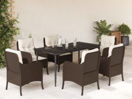 vidaXL 7 Piece Patio Dining Set with Cushions Brown Poly Rattan