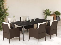 vidaXL 7 Piece Patio Dining Set with Cushions Brown Poly Rattan