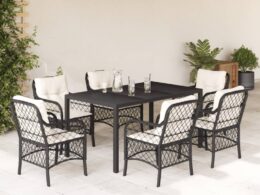 vidaXL 7 Piece Patio Dining Set with Cushions Black Poly Rattan