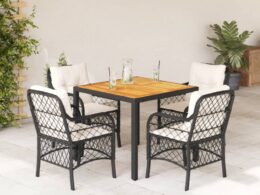 vidaXL 5 Piece Patio Dining Set with Cushions Black Poly Rattan