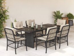 vidaXL 7 Piece Patio Dining Set with Cushions Black Poly Rattan