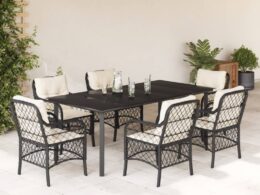 vidaXL 7 Piece Patio Dining Set with Cushions Black Poly Rattan