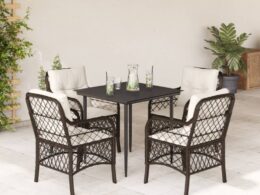 vidaXL 5 Piece Patio Dining Set with Cushions Brown Poly Rattan
