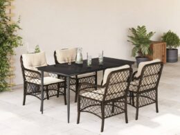 vidaXL 5 Piece Patio Dining Set with Cushions Brown Poly Rattan