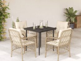 vidaXL 5 Piece Patio Dining Set with Cushions Beige Poly Rattan