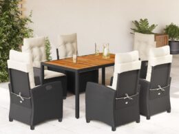 vidaXL 7 Piece Patio Dining Set with Cushions Black Poly Rattan