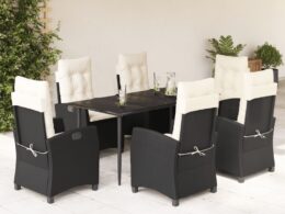 vidaXL 7 Piece Patio Dining Set with Cushions Black Poly Rattan
