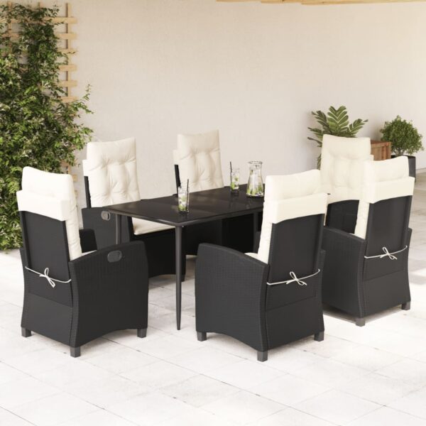 vidaXL 7 Piece Patio Dining Set with Cushions Black Poly Rattan