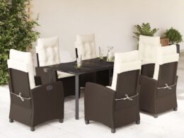 vidaXL 7 Piece Patio Dining Set with Cushions Brown Poly Rattan