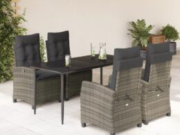 vidaXL 5 Piece Patio Dining Set with Cushions Gray Poly Rattan