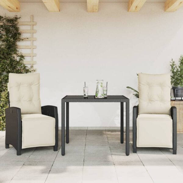 vidaXL 3 Piece Patio Dining Set with Cushions Black Poly Rattan