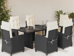 vidaXL 7 Piece Patio Dining Set with Cushions Black Poly Rattan