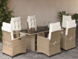 vidaXL 7 Piece Patio Dining Set with Cushions Beige Poly Rattan