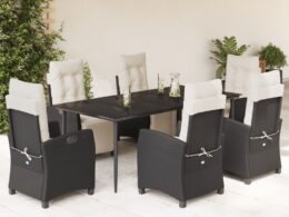 vidaXL 7 Piece Patio Dining Set with Cushions Black Poly Rattan