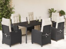 vidaXL 7 Piece Patio Dining Set with Cushions Black Poly Rattan