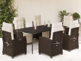 vidaXL 7 Piece Patio Dining Set with Cushions Brown Poly Rattan