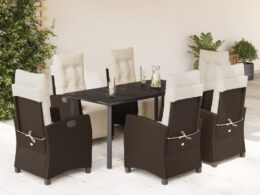 vidaXL 7 Piece Patio Dining Set with Cushions Brown Poly Rattan