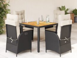 vidaXL 5 Piece Patio Dining Set with Cushions Black Poly Rattan