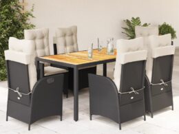vidaXL 7 Piece Patio Dining Set with Cushions Black Poly Rattan